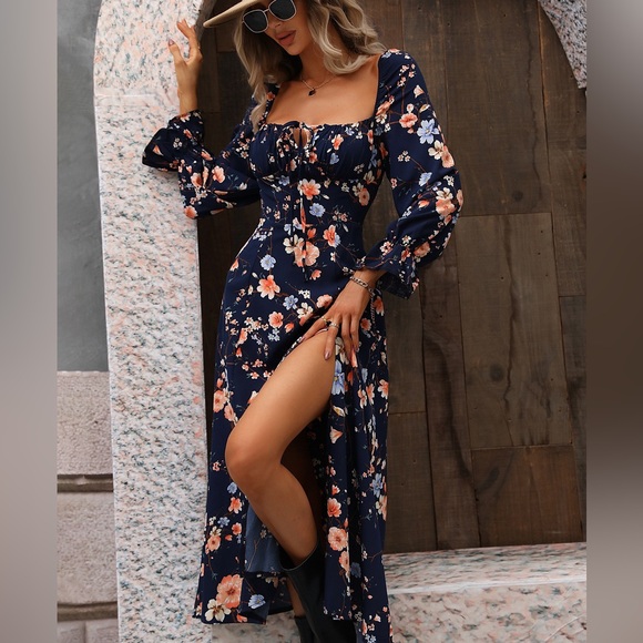 Boho floral ruffle split thigh square neck maxi dress white - Picture 4 of 8